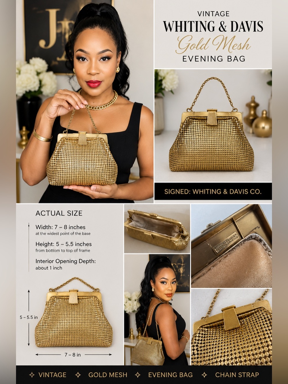 💎 Vintage Whiting & Davis Gold Mesh Evening Bag Signed💎